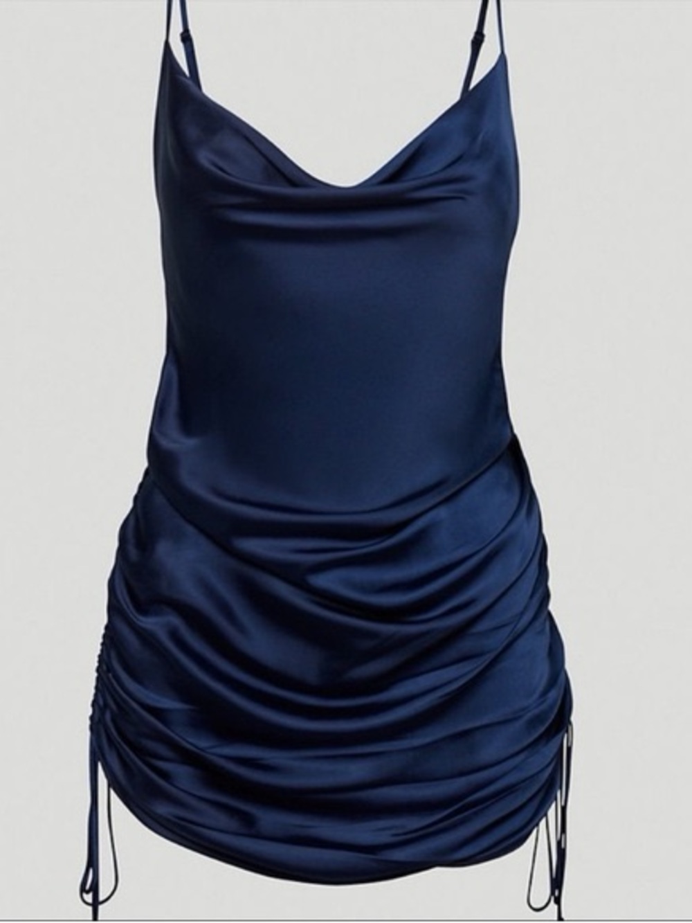 Wilfred Aritzia Only Ruched Slip Dress Navy Blue Satin Cowl Neck Mini